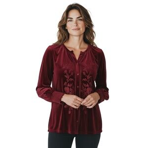 Calessa Red Burgundy Lux Velvet Full Sleeve Button Top Size 1X NEW Boho Romantic